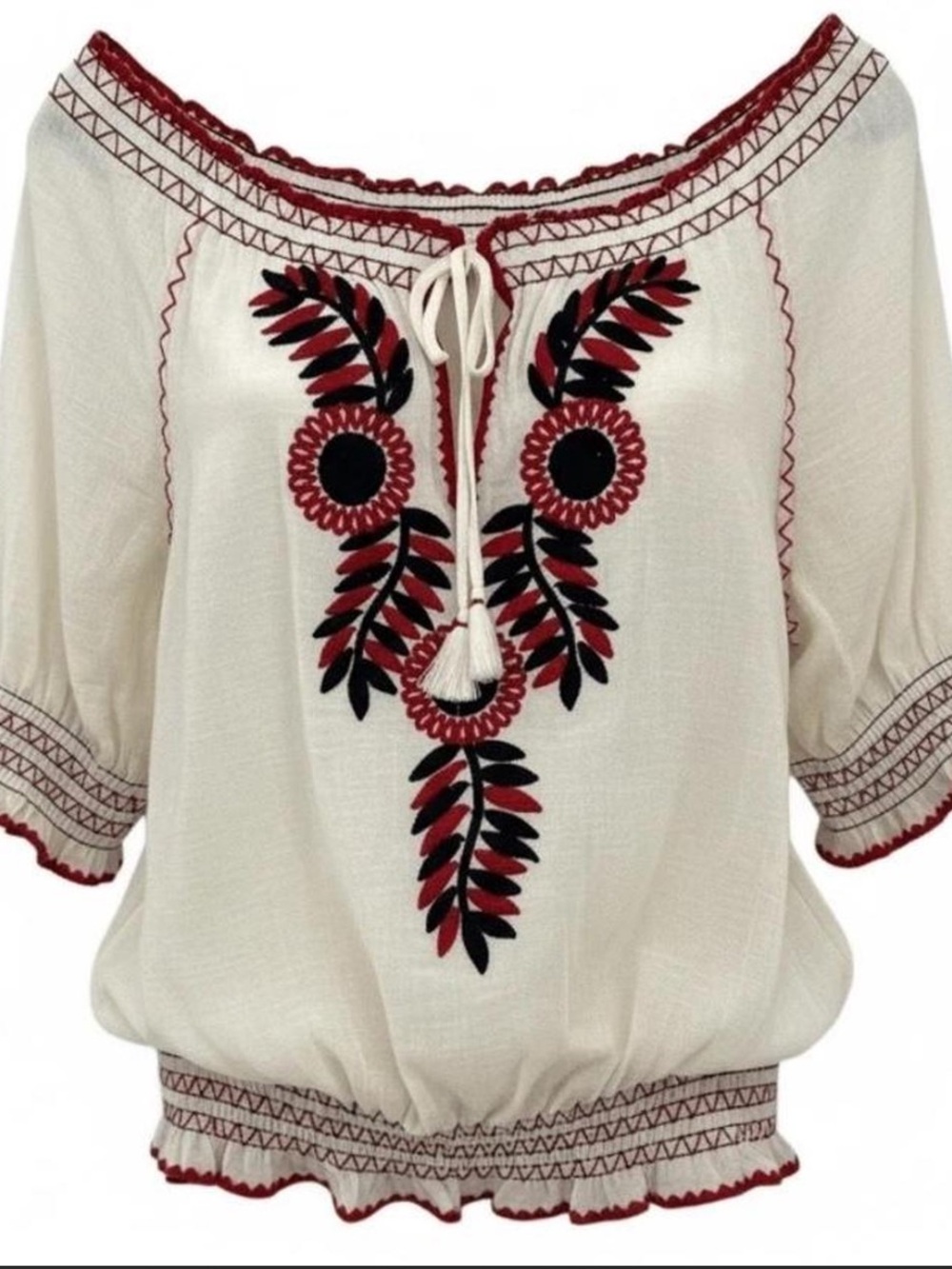Tory Burch Mari Peasant blouse with red floral accents and tassels Boho Chic Fun